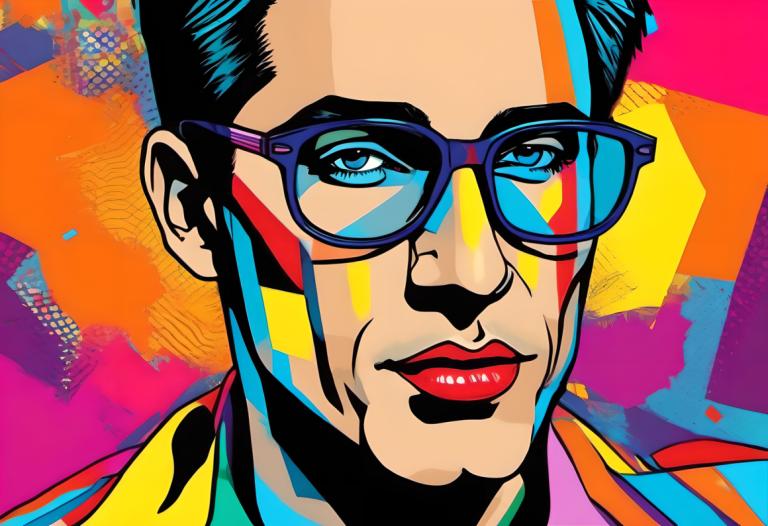 Pop Art,Pop Art, People, man, 1boy, male focus, solo, glasses, portrait, black hair, blue eyes, colorful