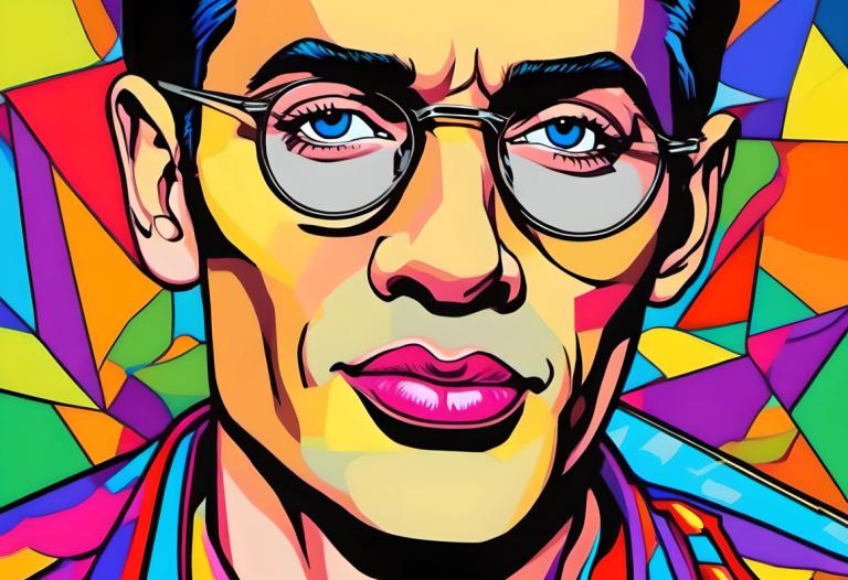 Pop Art,Pop Art, People, man, 1boy, colorful, solo, male focus, glasses, blue eyes, portrait, black hair