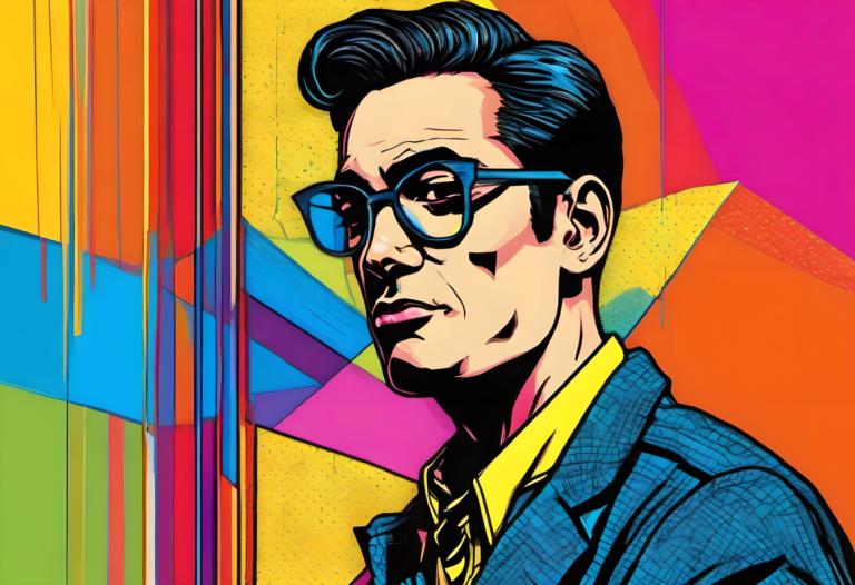 Pop Art,Pop Art, People, man, 1boy, male focus, solo, shirt, yellow shirt, black hair, glasses, jacket