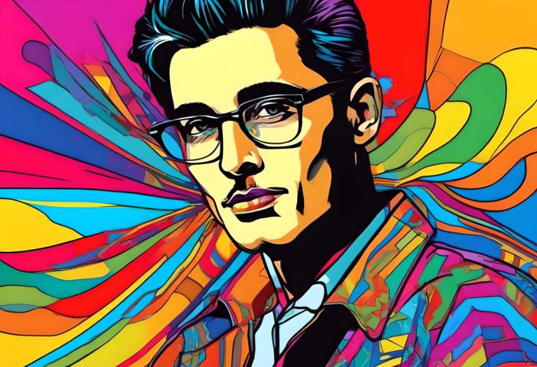 Pop Art,Pop Art, People, man, 1boy, male focus, colorful, solo, glasses, black hair, facial hair, shirt