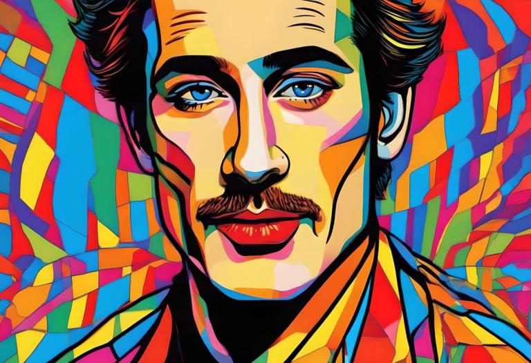 Pop Art,Pop Art, People, man, 1boy, solo, male focus, facial hair, colorful, mustache, blue eyes, portrait