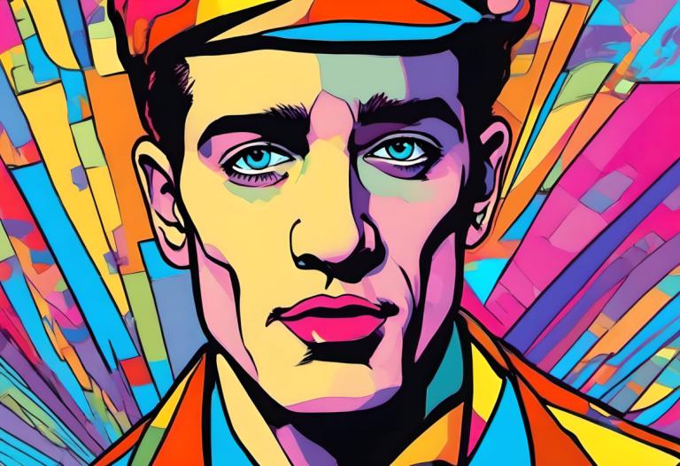 Pop Art,Pop Art, People, man, 1boy, solo, male focus, colorful, hat, blue eyes, portrait, black hair