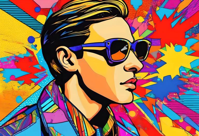 Pop-Art,Pop-Art, Menschen, Mann, 1Junge, männlicher Fokus, bunt, Solo, Sonnenbrille, Hemd, schwarzes Haar