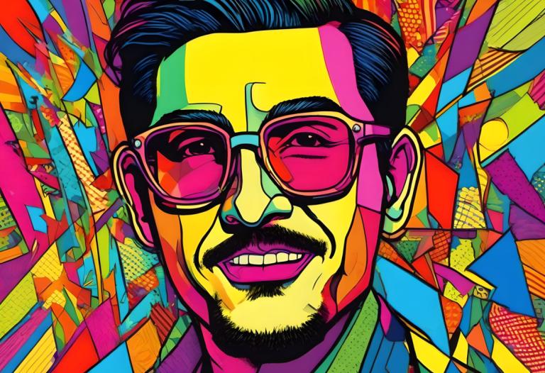 Pop Art,Pop Art, People, man, 1boy, male focus, facial hair, solo, colorful, black hair, sunglasses, portrait