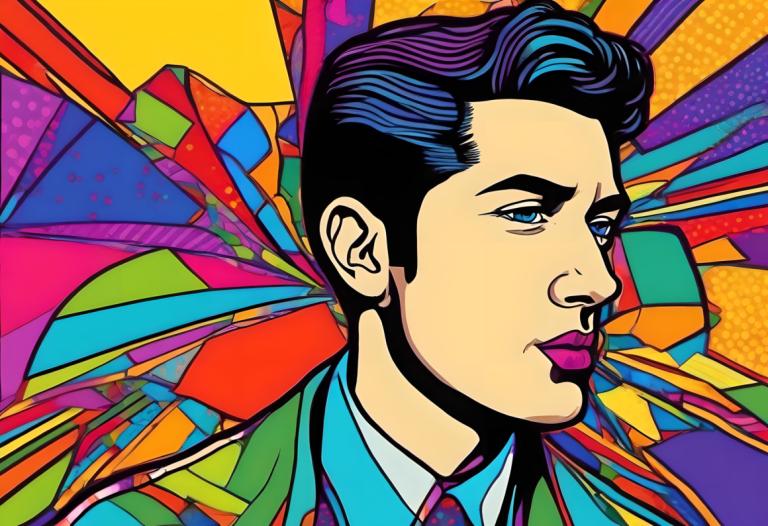 Pop Art,Pop Art, People, man, colorful, solo, 1boy, male focus, blue eyes, necktie, black hair, shirt, formal