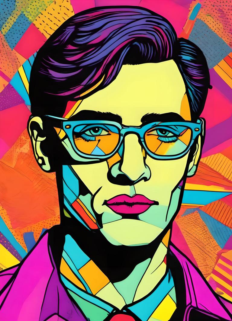 Pop Art,Pop Art, People, man, 1boy, solo, male focus, colorful, necktie, glasses, portrait, formal