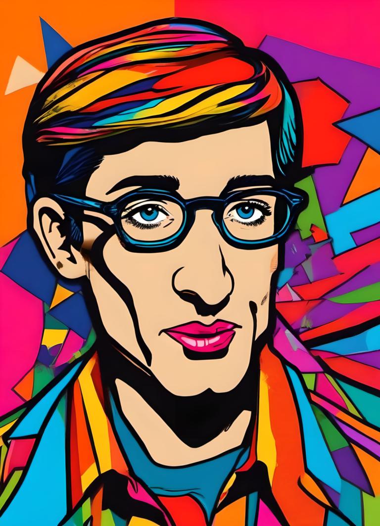 Pop Art,Pop Art, People, man, colorful, solo, 1boy, male focus, glasses, blue eyes, multicolored hair, shirt