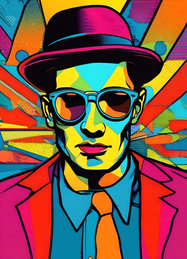 Pop-Art,Pop-Art, Menschen, Mann, 1Junge, männlicher Fokus, Solo, Hut, Krawatte, Sonnenbrille, Hemd, Anzug