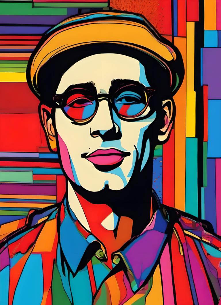 Pop Art,Pop Art, People, man, male focus, 1boy, solo, shirt, hat, colorful, collared shirt, sunglasses, smile