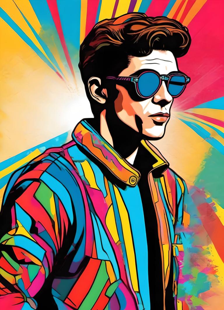 Pop Art,Pop Art, People, man, 1boy, solo, male focus, colorful, sunglasses, multicolored clothes, brown hair