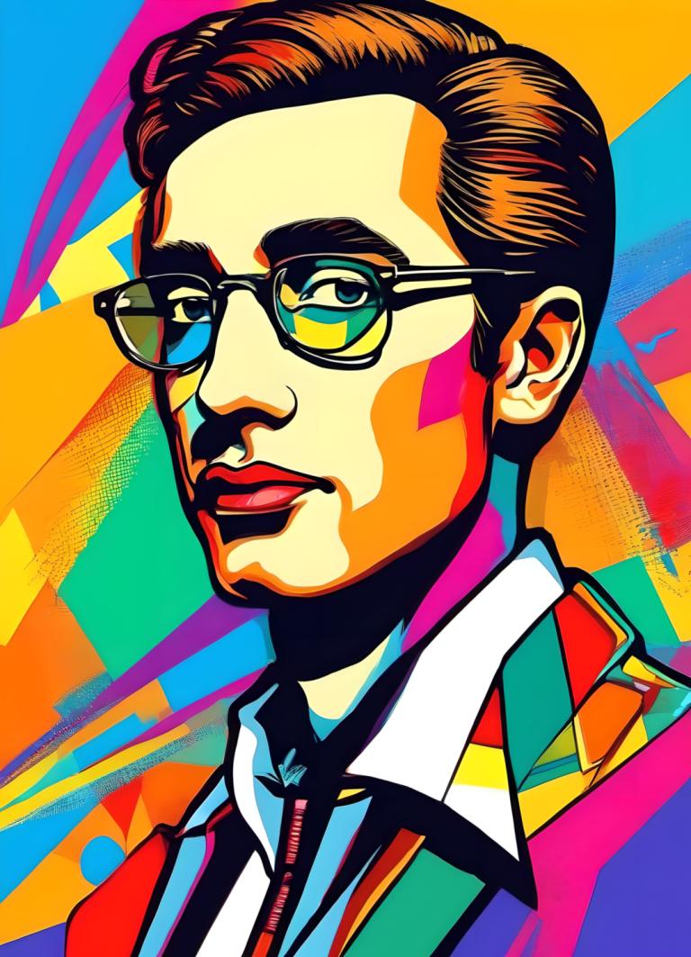 Pop Art,Pop Art, People, man, male focus, solo, 1boy, brown hair, glasses, colorful, upper body, blue eyes