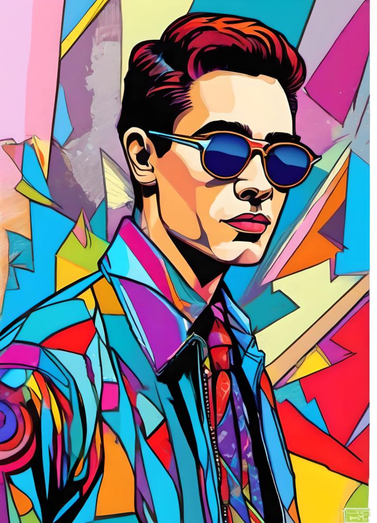 Pop-Art,Pop-Art, Menschen, Mann, 1Junge, männlicher Fokus, Solo, Krawatte, Hemd, Sonnenbrille, Jacke