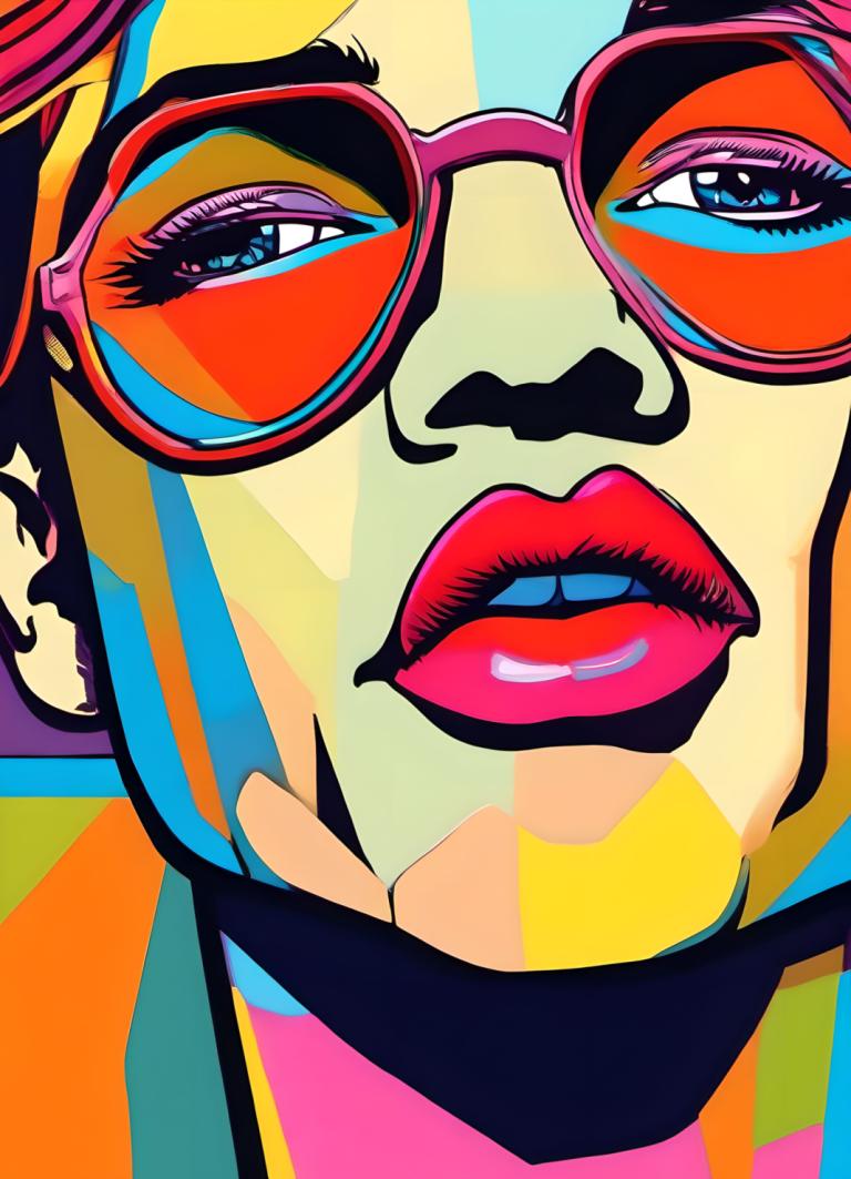 Pop Art,Pop Art, Mennesker, mand, solo, makeup, farverig, læbestift, 1 pige, solbriller, tonede briller