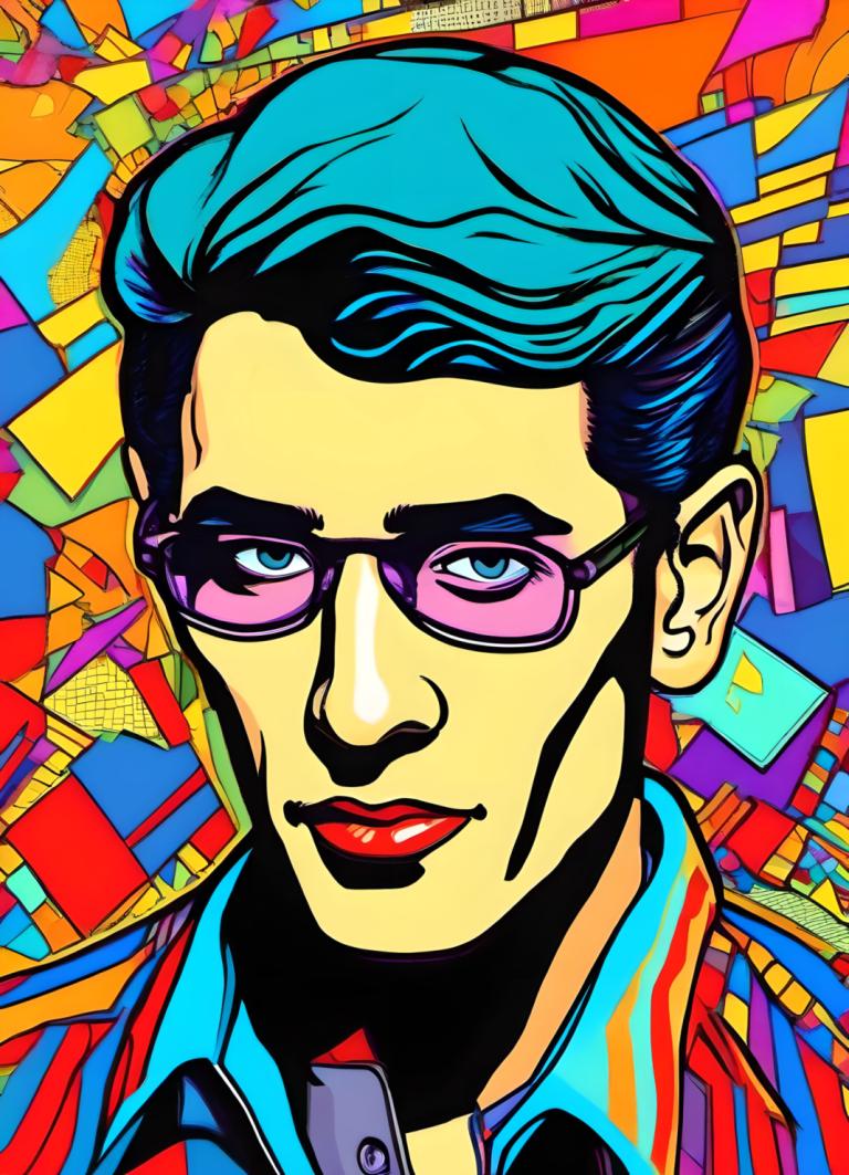 Pop Art,Pop Art, People, man, solo, male focus, 1boy, colorful, shirt, blue eyes, makeup, blue hair, lipstick