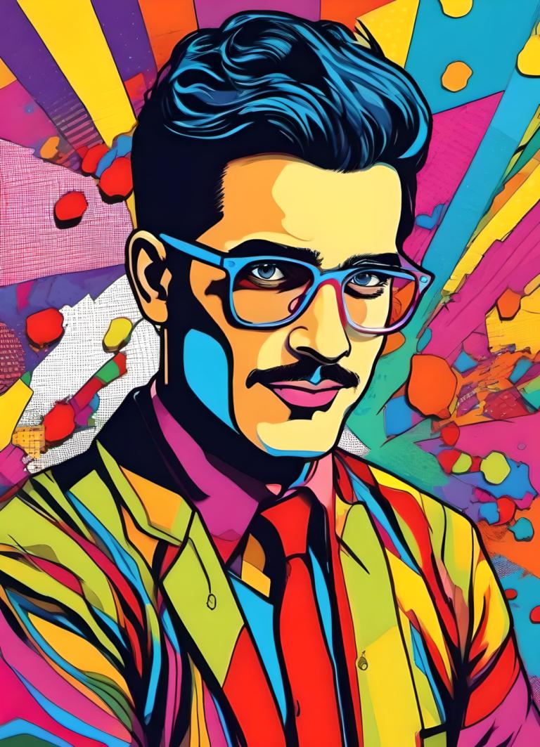 Pop Art,Pop Art, People, man, 1boy, male focus, solo, colorful, necktie, shirt, glasses, upper body