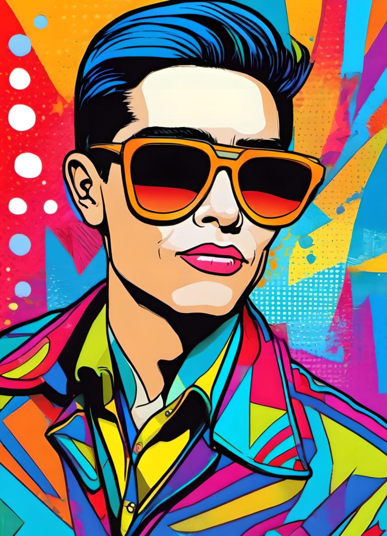 Pop Art,Pop Art, People, man, male focus, 1boy, solo, colorful, sunglasses, shirt, multicolored background