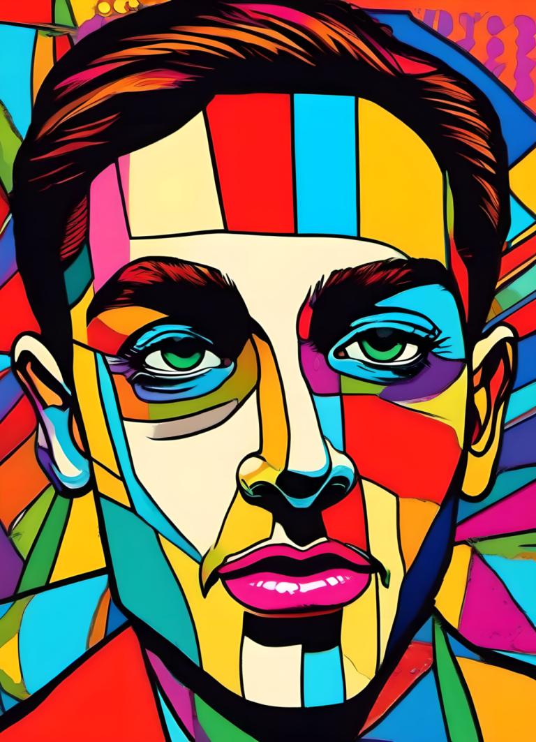 Pop Art,Pop Art, People, man, green eyes, colorful, solo, male focus, jewelry, looking at viewer, earrings