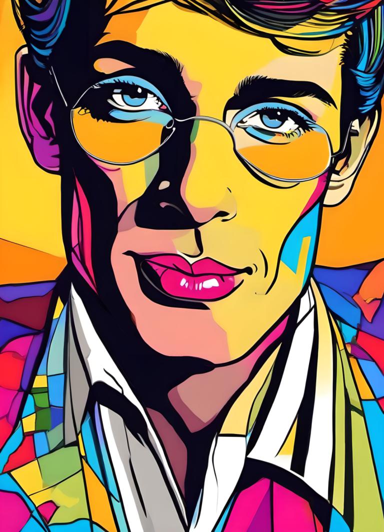 Pop Art,Pop Art, People, man, solo, 1boy, male focus, blue eyes, glasses, colorful, portrait, clown, shirt