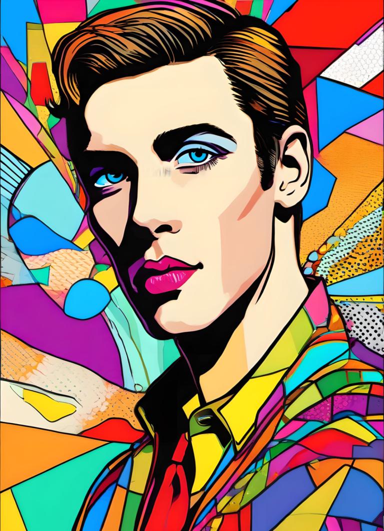 Pop Art,Pop Art, Oameni, om, 1 băiat, focalizare masculină, colorat, ochi albaștrii, solo, cravată, păr șaten