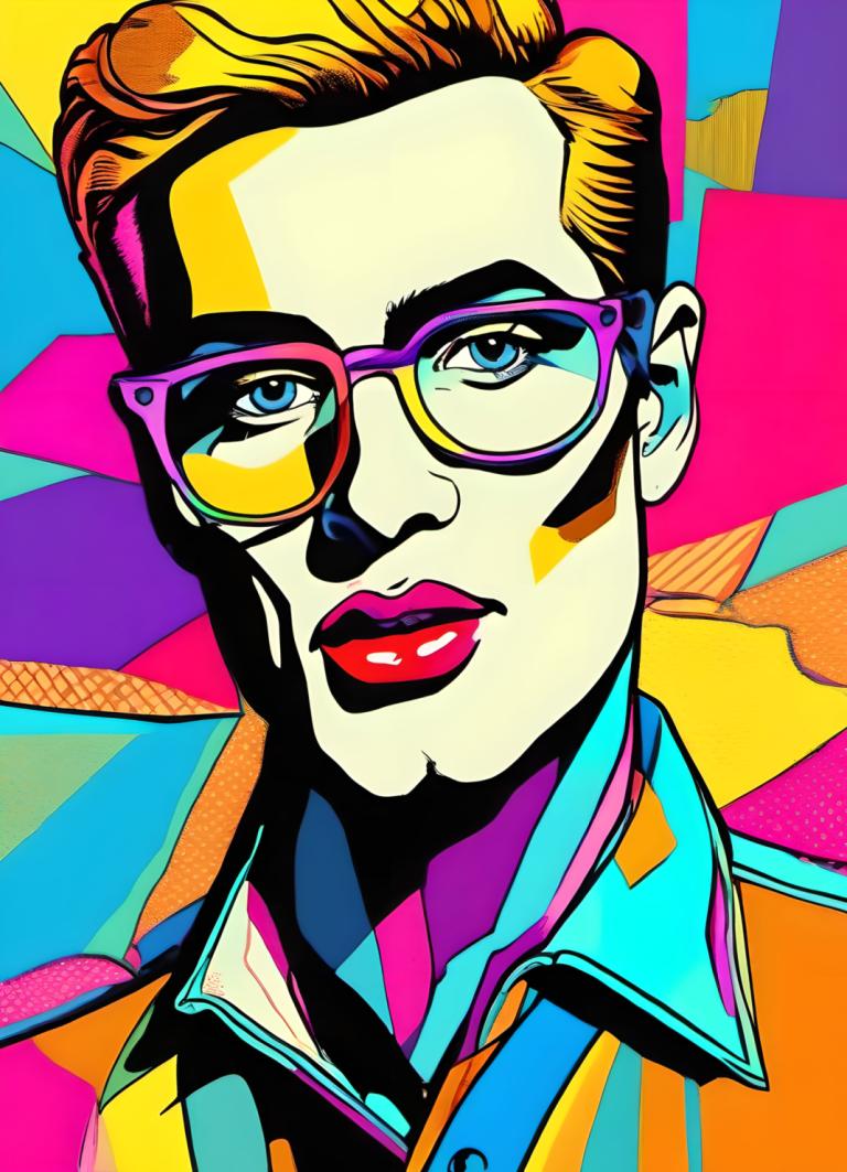 Pop Art,Pop Art, People, man, 1boy, male focus, solo, glasses, blue eyes, shirt, colorful, makeup