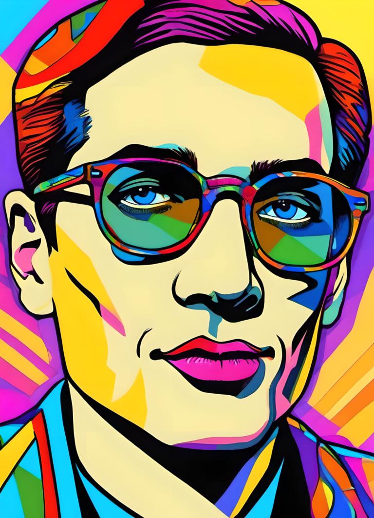 Pop Art,Pop Art, People, man, solo, 1boy, male focus, glasses, portrait, sunglasses, colorful, blue eyes