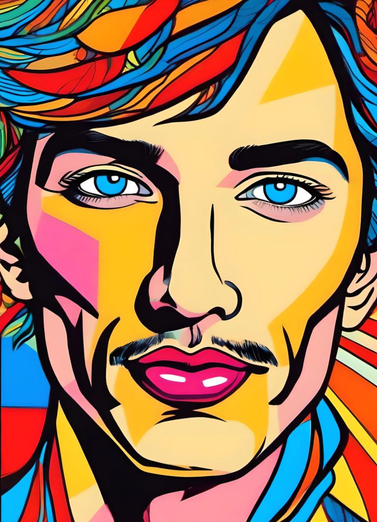 Pop Art,Pop Art, People, man, solo, 1boy, male focus, blue eyes, facial hair, blue hair, colorful, portrait