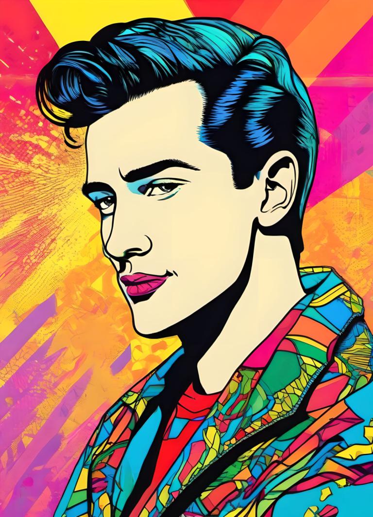 Pop Art,Pop Art, People, man, 1boy, solo, male focus, black hair, shirt, colorful, red shirt, pompadour