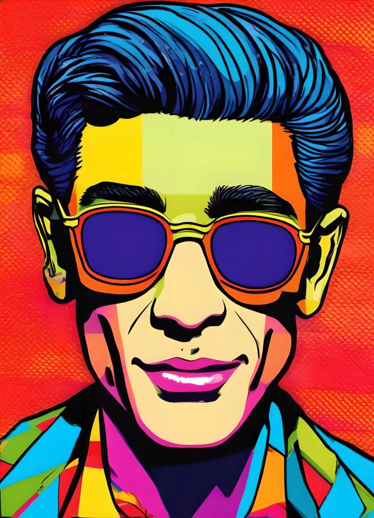 Pop Art,Pop Art, People, man, solo, 1boy, male focus, smile, portrait, sunglasses, blue hair, shirt, makeup