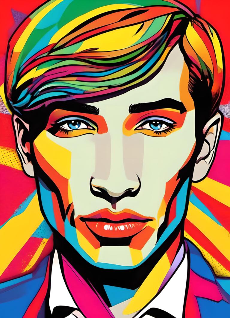 Pop Art,Pop Art, People, man, solo, 1boy, male focus, portrait, blue eyes, colorful, looking at viewer