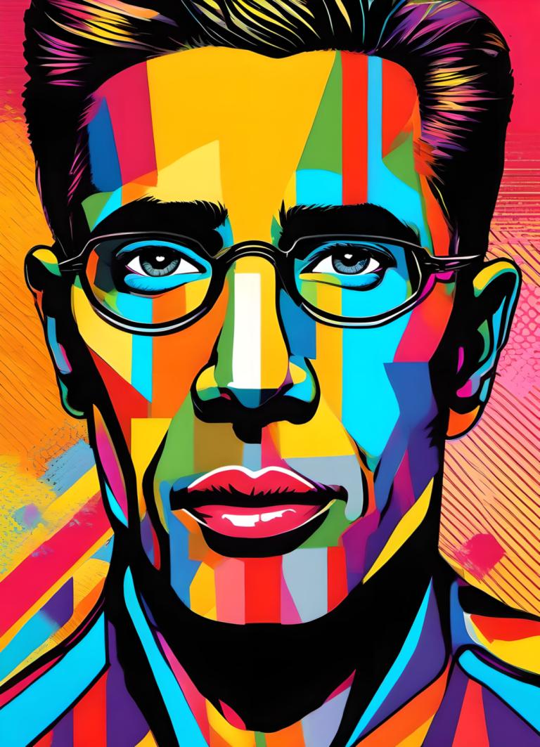 Pop Art,Pop Art, People, man, 1boy, male focus, solo, glasses, portrait, colorful, black hair