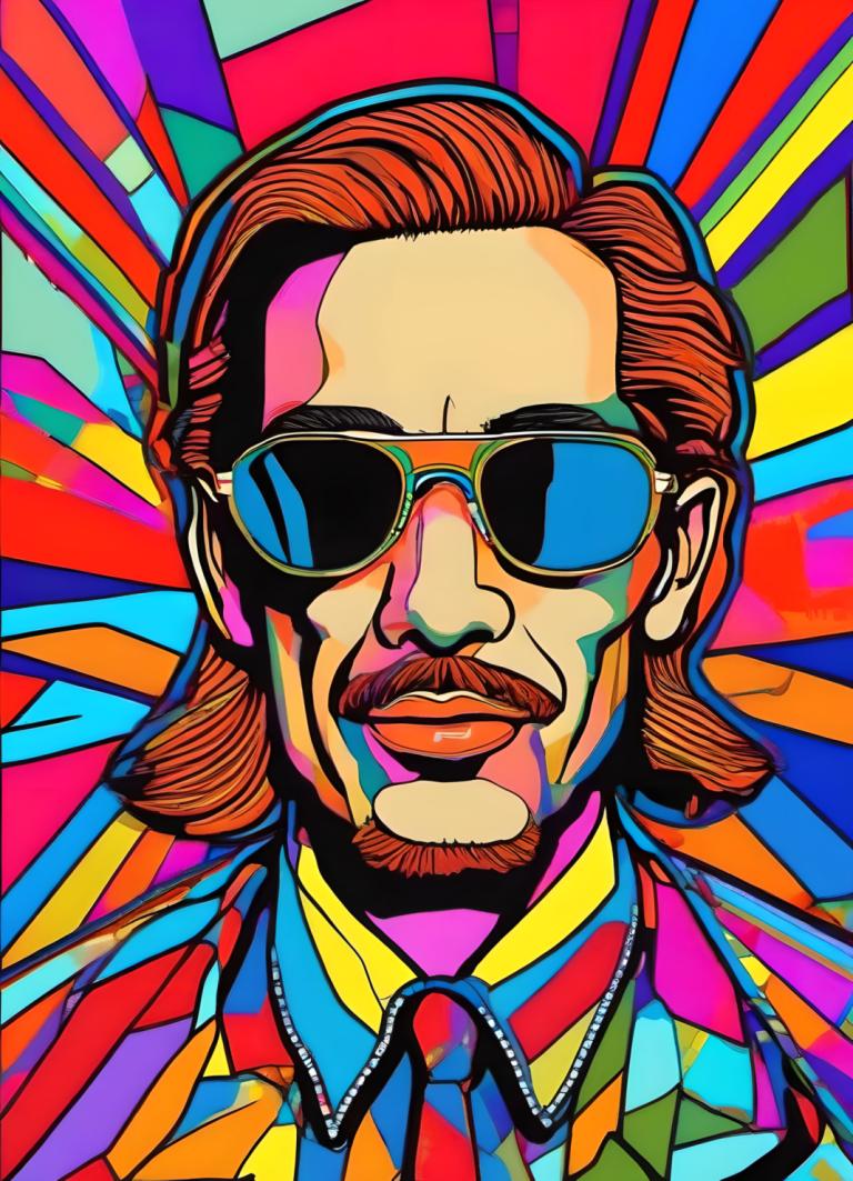 Pop Art,Pop Art, People, man, male focus, facial hair, 1boy, solo, brown hair, necktie, mustache, sunglasses