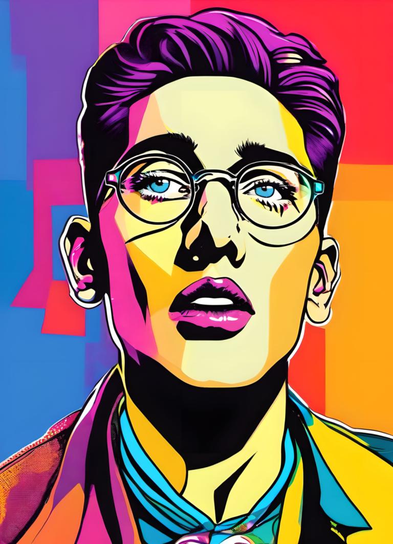 Pop Art,Pop Art, People, man, solo, glasses, blue eyes, purple hair, male focus, 1boy, portrait, formal