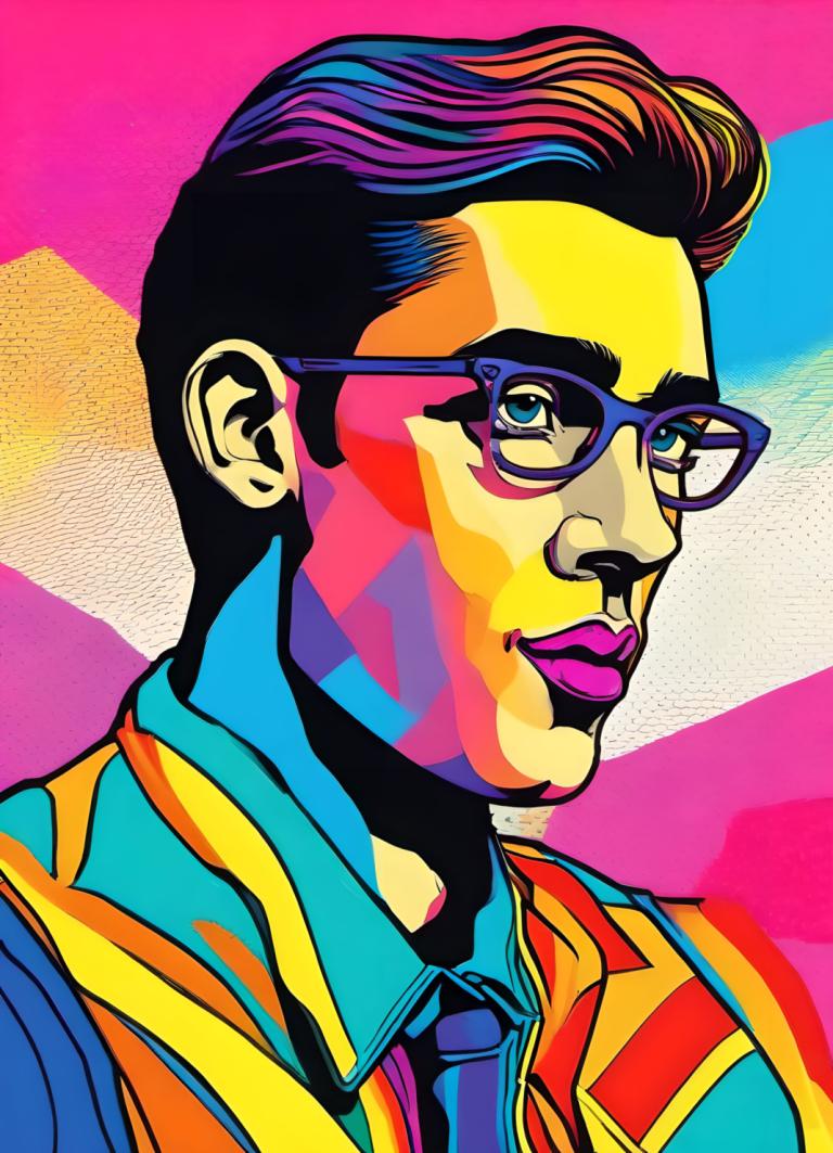 Pop Art,Pop Art, People, man, solo, male focus, 1boy, glasses, necktie, colorful, facepaint, vest, shirt