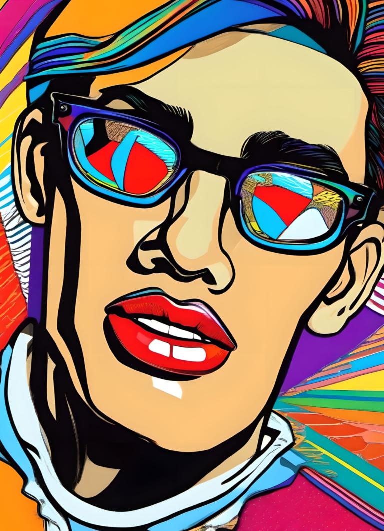 Pop Art,Pop Art, People, man, solo, colorful, male focus, glasses, 1boy, makeup, multicolored hair, lipstick