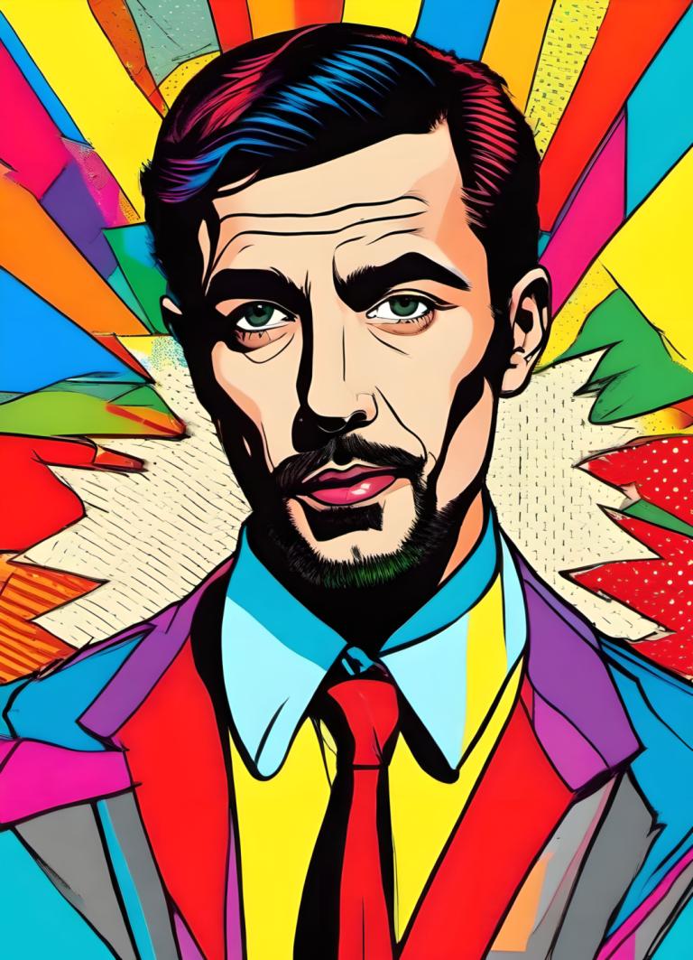 Pop Art,Pop Art, People, man, 1boy, male focus, facial hair, solo, necktie, black hair, shirt, collared shirt