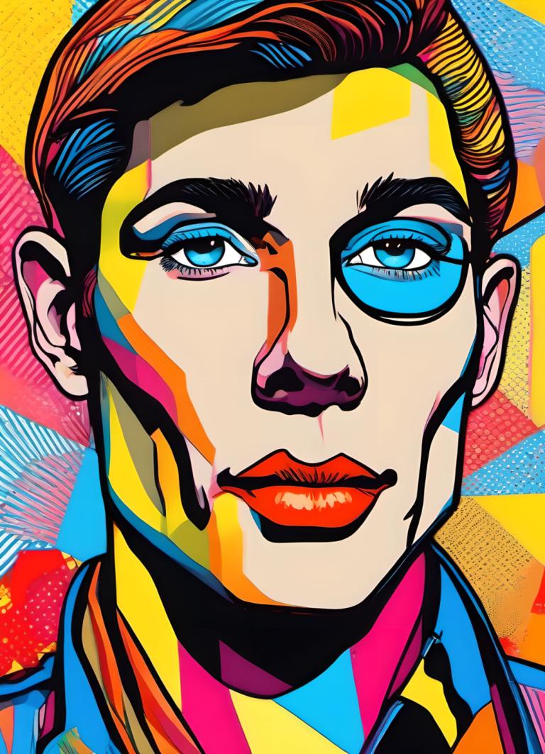 Pop Art,Pop Art, People, man, solo, 1boy, male focus, blue eyes, portrait, colorful, facial hair, makeup