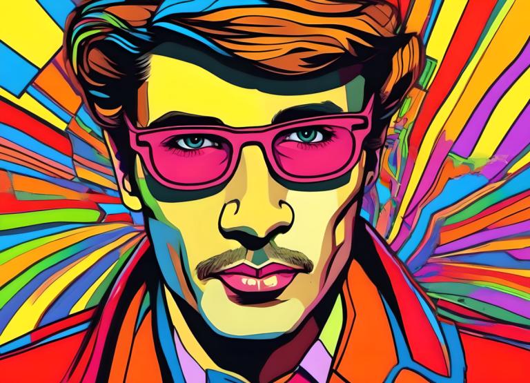 Pop Art,Pop Art, Mennesker, Mann, solo, 1 gutt, mannlig fokus, fargerik, brunt hår, blå øyne, ansiktshår