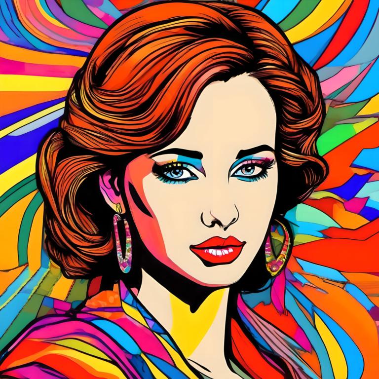 Pop Art,Pop Art, People, woman, 1girl, solo, earrings, jewelry, colorful, brown hair, blue eyes, makeup