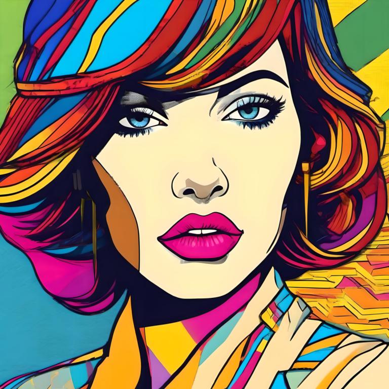 Pop Art,Pop Art, People, woman, 1girl, solo, multicolored hair, blue eyes, colorful, makeup, portrait