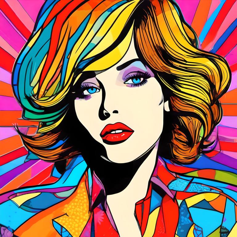 Pop Art,Pop Art, People, woman, solo, 1girl, colorful, blue eyes, blonde hair, makeup, shirt, collared shirt