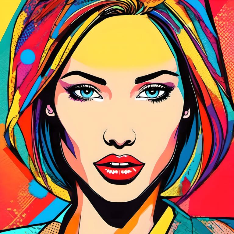 Pop Art,Pop Art, Mennesker, kvinde, 1 pige, solo, portræt, blå øjne, makeup, flerfarvet hår, farverig