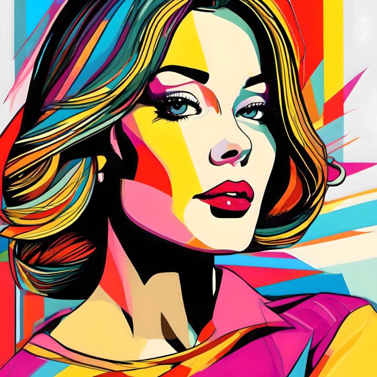 Pop Art,Pop Art, People, woman, 1girl, solo, shirt, jewelry, earrings, colorful, parted lips, collared shirt