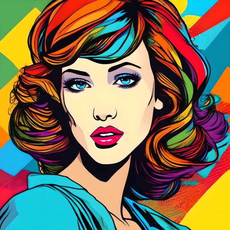 Pop Art,Pop Art, People, woman, 1girl, solo, rainbow hair, makeup, multicolored hair, colorful, blue eyes