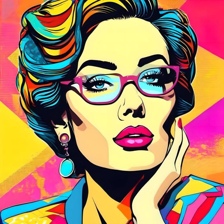 Pop Art,Pop Art, People, woman, 1girl, solo, jewelry, earrings, glasses, portrait, multicolored hair, makeup