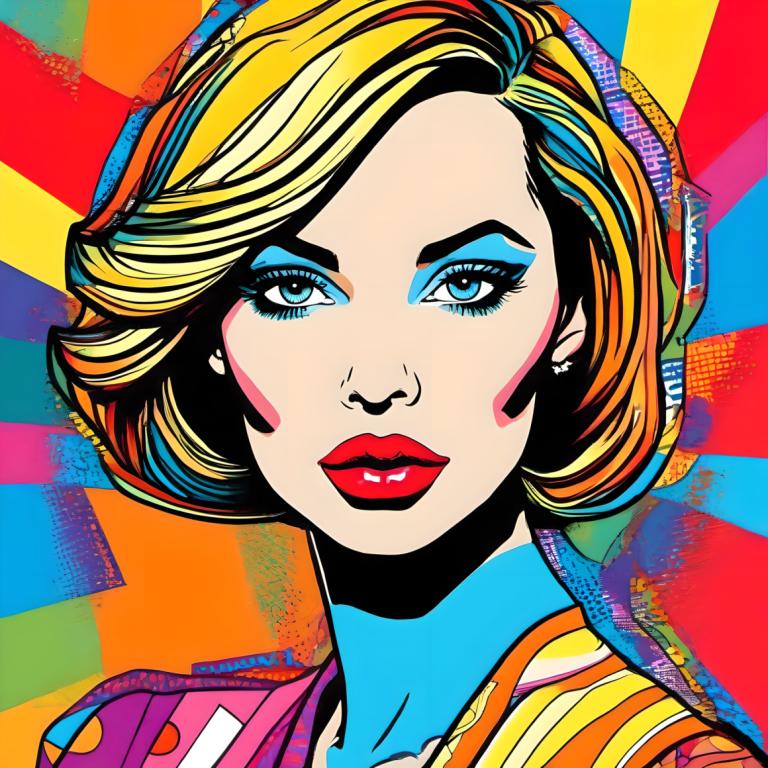 Pop Art,Pop Art, People, woman, 1girl, solo, blonde hair, portrait, makeup, blue eyes, colorful, earrings