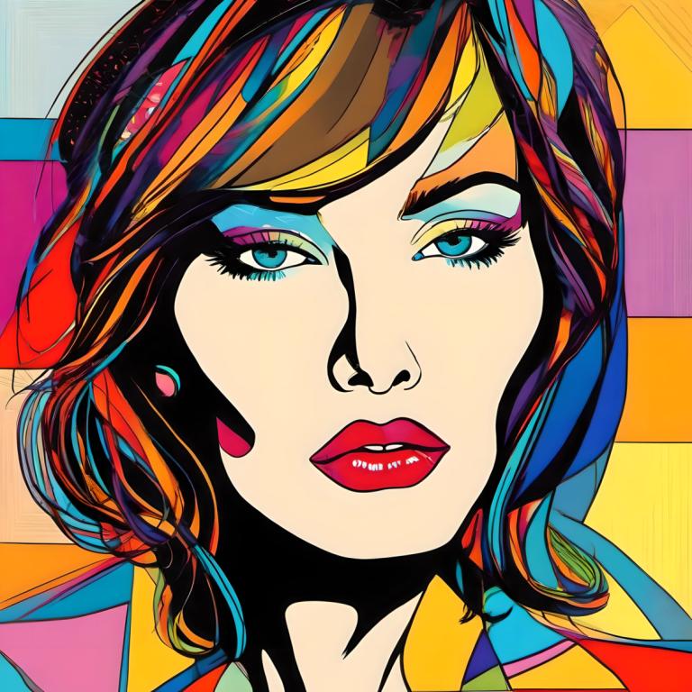 Pop Art,Pop Art, People, woman, 1girl, solo, makeup, portrait, colorful, eyeshadow, blue eyes