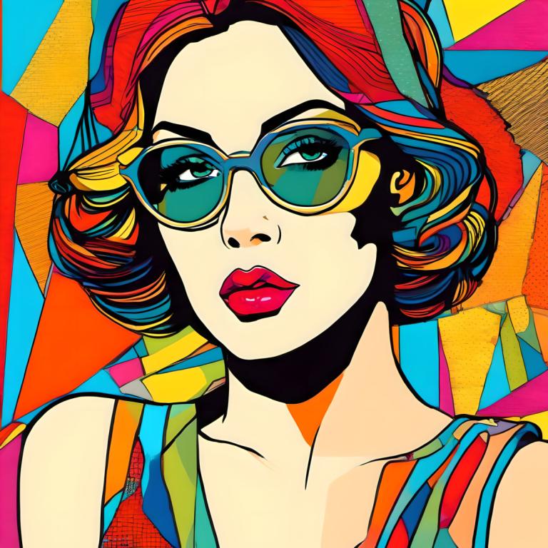 Pop-Art,Pop-Art, Menschen, Frau, 1Mädchen, Solo, Sonnenbrille, bunt, Hut, mehrfarbiges Haar, kurzes Haar