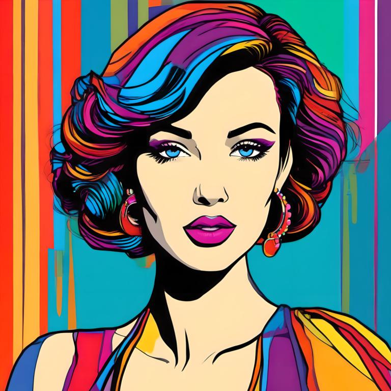 Pop Art,Pop Art, Lidé, žena, 1 dívka, sólo, náušnice, šperky, vícebarevné vlasy, modré oči, makeup, barvitý