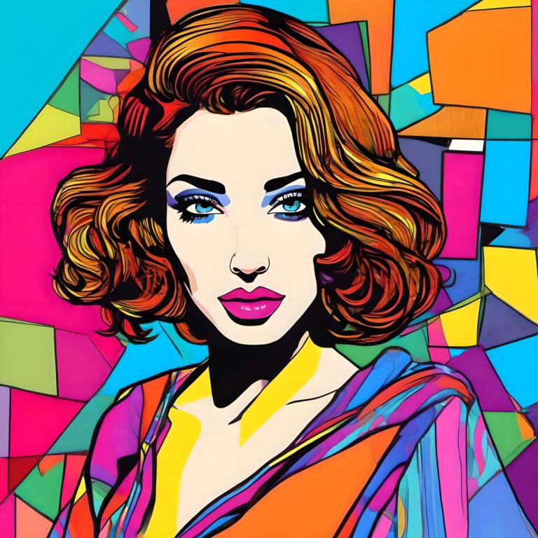 Pop-Art,Pop-Art, Menschen, Frau, 1Mädchen, Solo, bunt, blaue Augen, bilden, mehrfarbige Kleidung, kurzes Haar