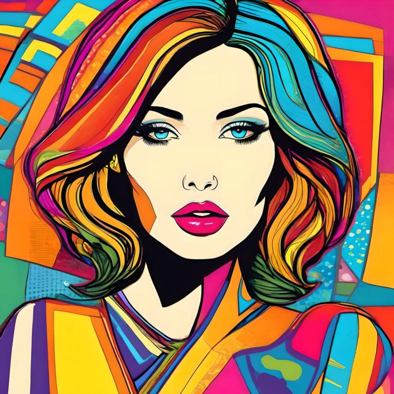 Pop Art,Pop Art, People, woman, 1girl, solo, colorful, multicolored hair, blue eyes, rainbow hair, makeup